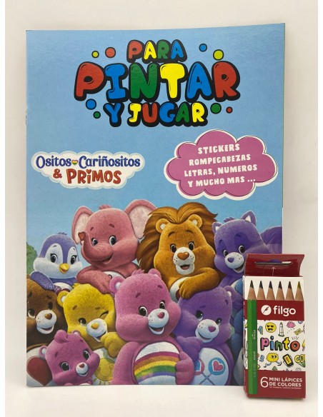 LIBRO PARA JUGAR Y PINTAR CON STICKER + LAPICES DE COLORES FILGO X6